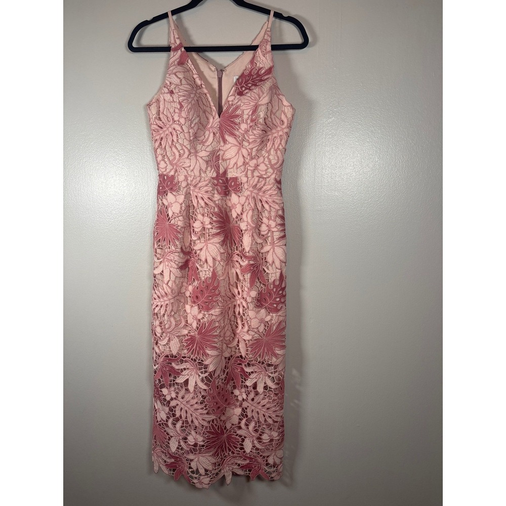 Dress The Population Pink Lace‎ Palm Leaf Midi Dress V-Neck Sheath Small